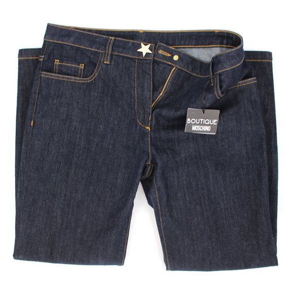 Boutique Moschino Dark Blue Wash Denim Jeans Star Pocket Gold Star Button 46 NEW - Picture 2 of 10